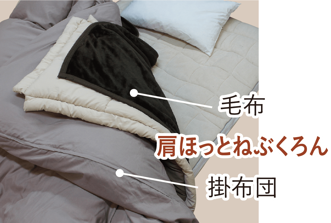 画像：掛布団＋肩ほっとねぶくろん＋毛布